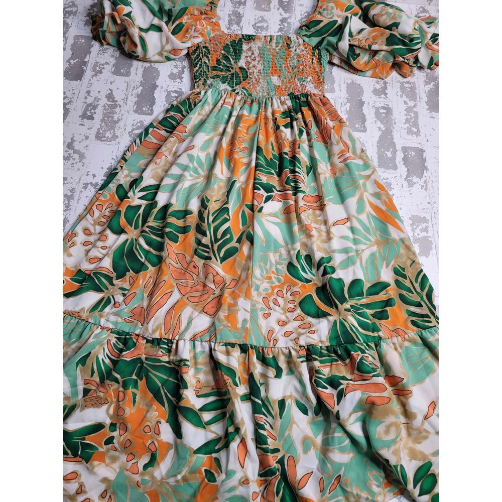 3434 Entro Orange/Green Floral Smocked‎ Midi Dress Puff Sleeves Women's Small - Picture 2 of 6